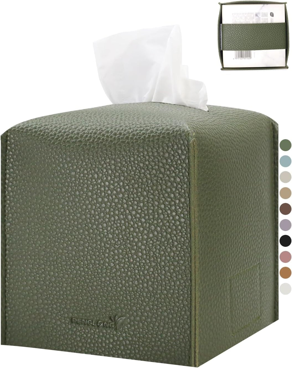 Tissue Box Cover 5X5X5'' PU Leather Tissue Holder Square Tissue Cube Box Organizer for Bathroom Vanity Countertop, Car, Night Stands, Office, Home, Kitchen (1Pack, Dark Green)