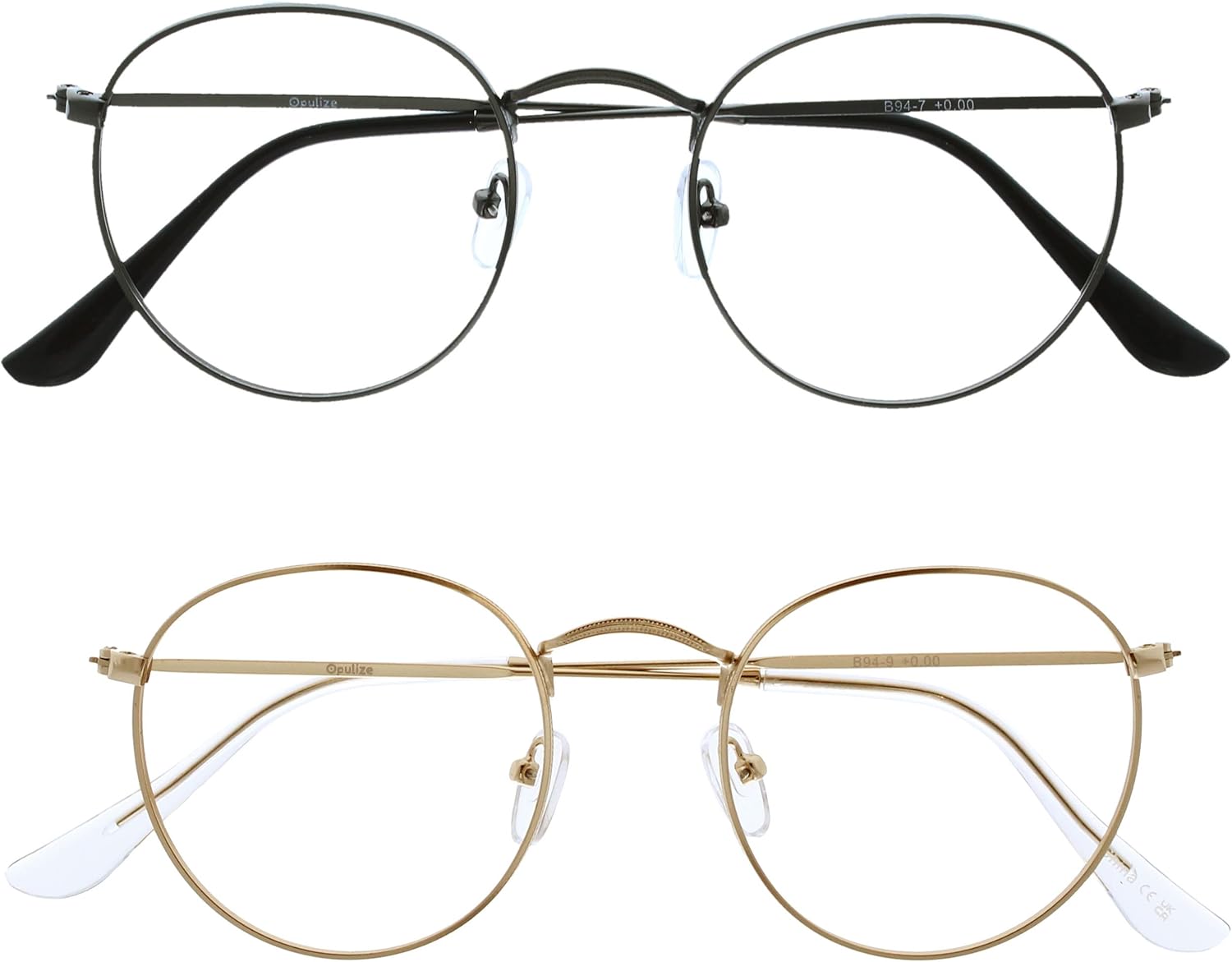 OPULIZE SOL Reading Glasses with Blue Light Blocking for Women and Men, Round Metal Frame, Spring Hinges, Computer Gaming Glasses, Gunmetal Grey,Gold +0 (Pack of 2)
