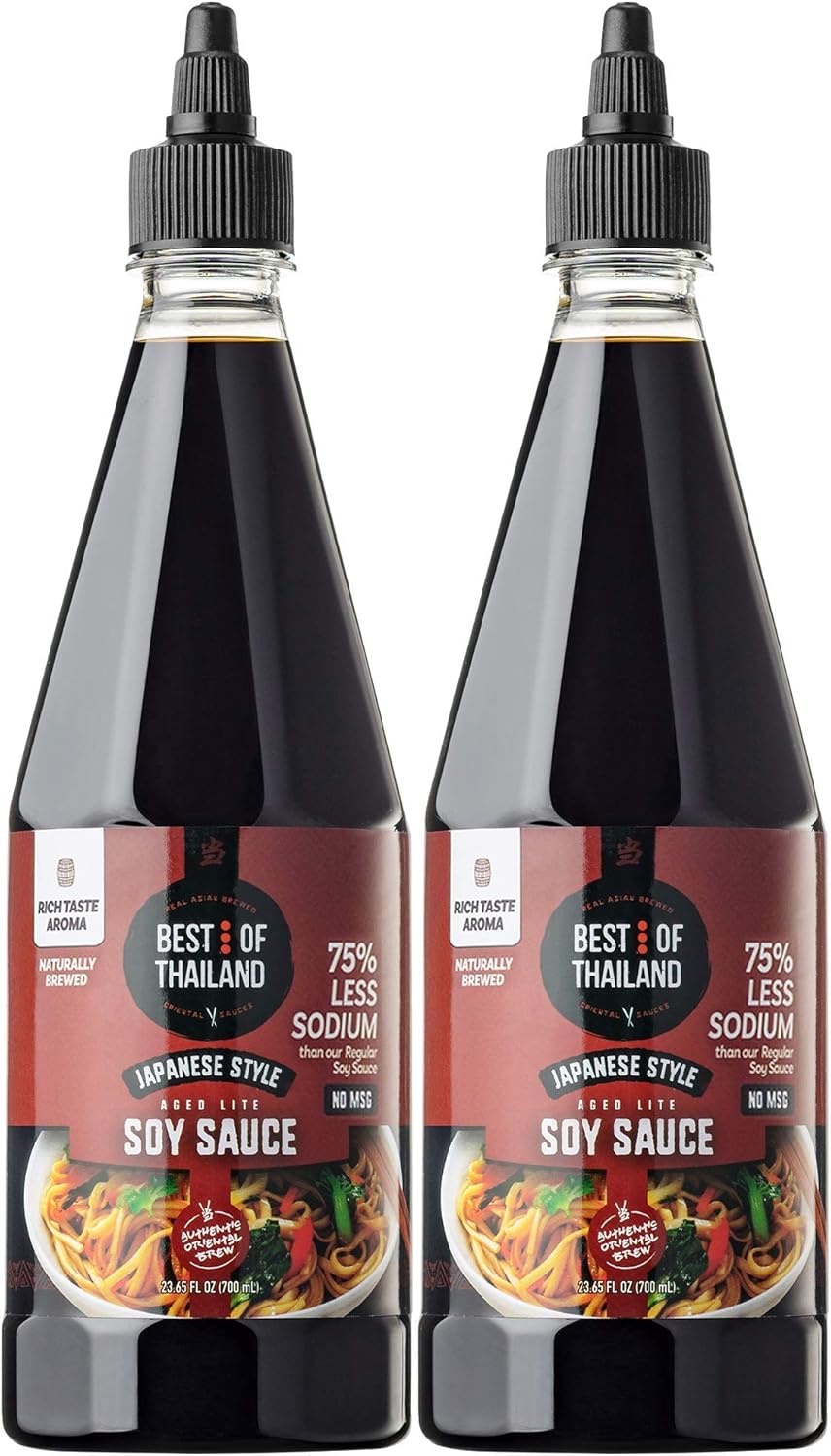Best of Thailand Japanese Soy Sauce | Japanese Style Barrel Aged Lite Dark Soy Sauce | 2 Bottles of 23.65oz Real Authentic Asian-Brewed Marinade Sauce & Glaze for Sushi | No MSG 75% Less Sodium