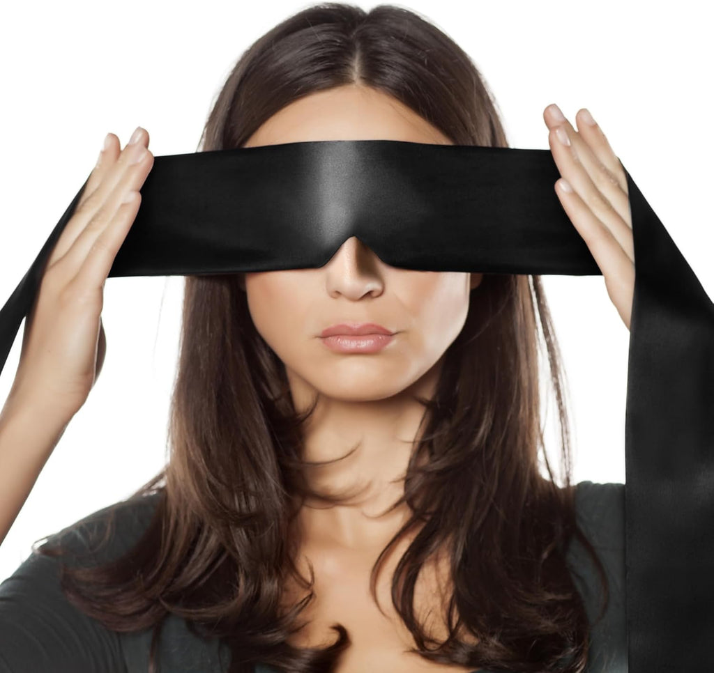 FRESHME Satin Sleep Mask - Comfortable Eye Mask Blindfold for Women Men Soft Adjustable Blackout Eye Cover Shade for Night Sleeping Travel Meditation Pure Black Valentine's Day Gift 160cm/63in