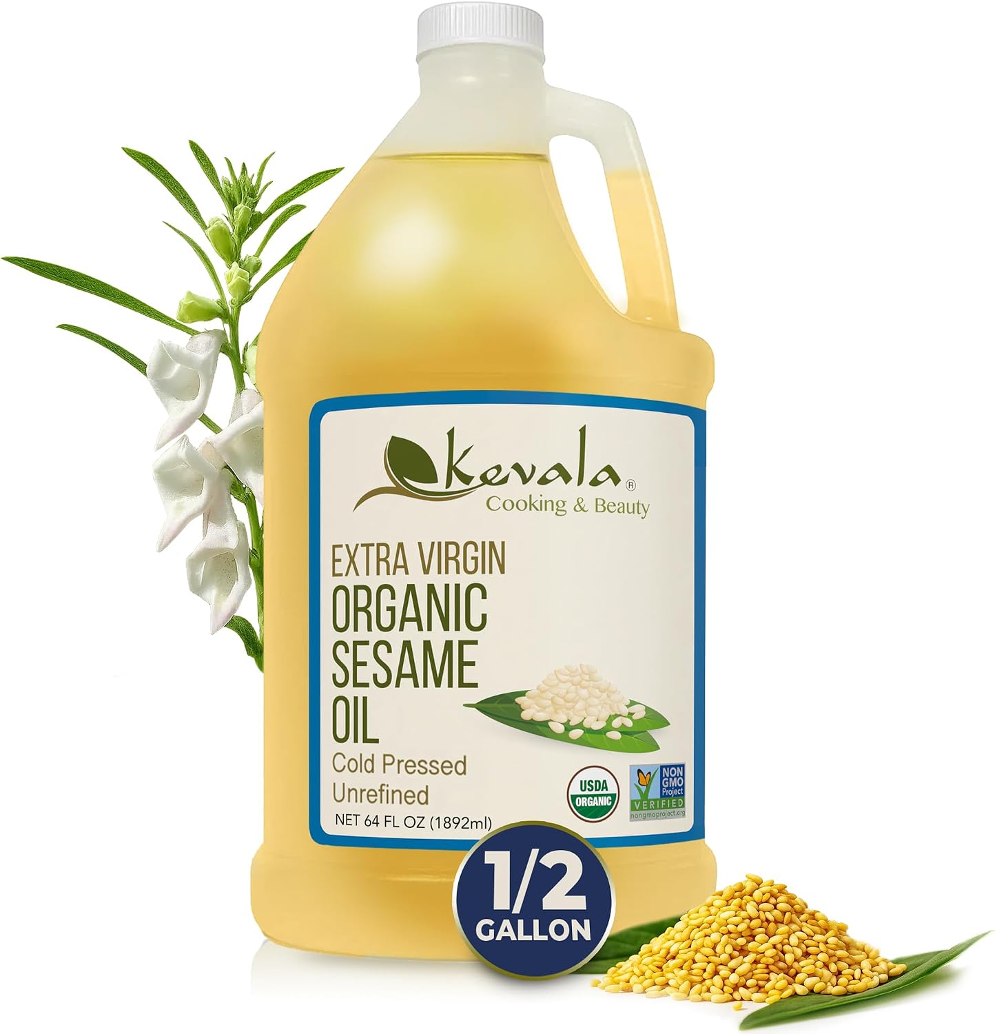 Kevala Organic Extra Virgin Sesame Oil - 64 fl oz - 1/2 Gal – Sesame Seed Organic – Cooking Oil – Cold Pressed - Unrefined