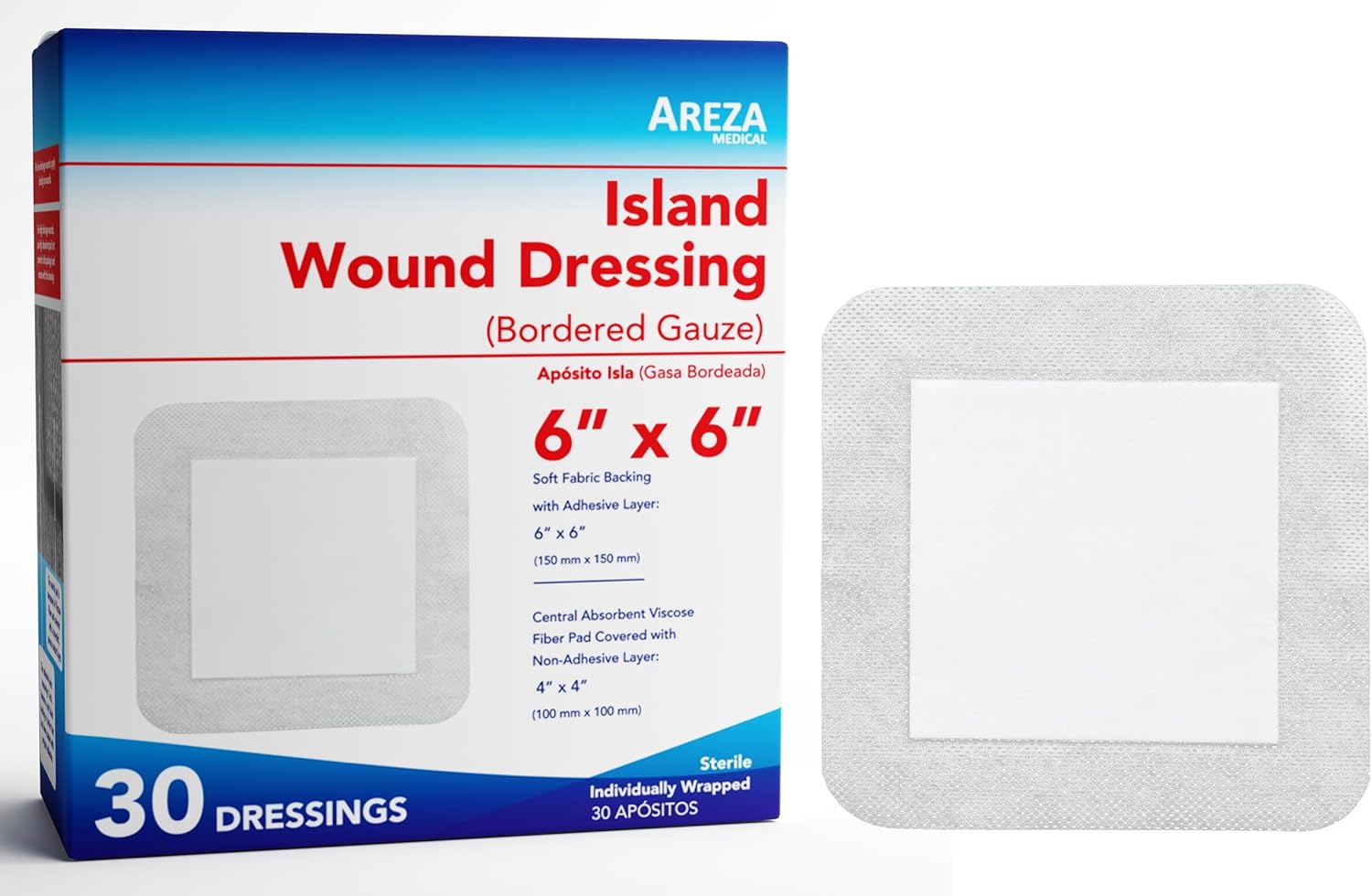 Areza Medical - Bordered Gauze Island Dressing - Wound Dressing - Latex Free - sterile - 6" x 6" - 30 per Box