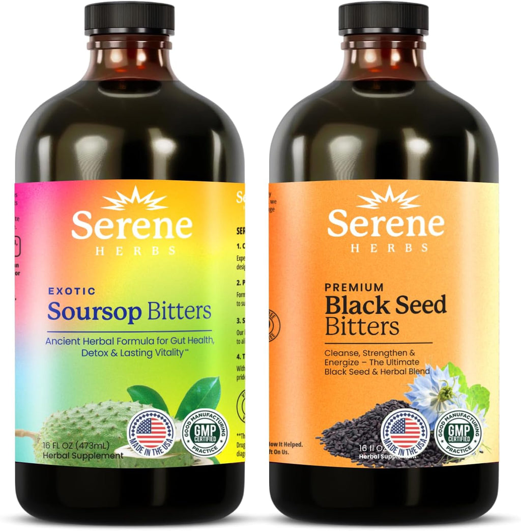 Serene Herbs Soursop Bitters Liquid & Black Seed Bundle – Organic Herbal Guanabana for Digestive Support & Immune Health – Vegan, Non-GMO – 32 oz (16 oz Each), 32 Servings
