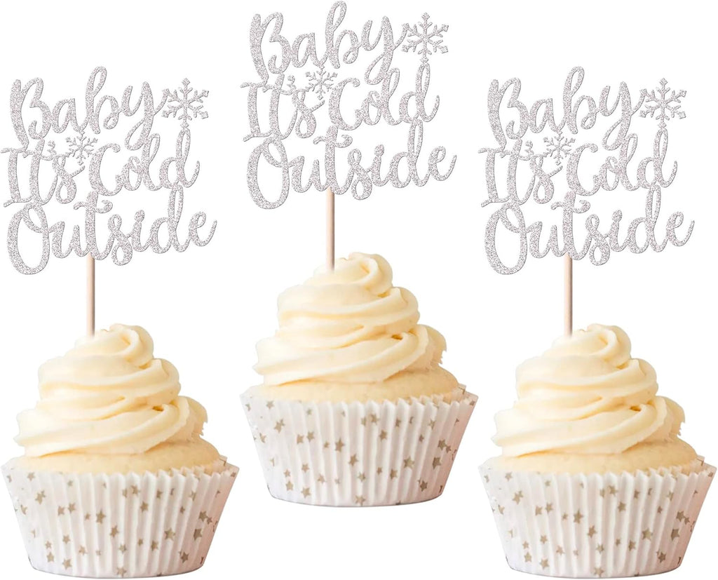 Rsstarxi 36 Pack snowflake Cupcake Toppers Winter Snowflake Baby It's Cold Outside Cupcake Picks Baby Shower Cake Decorations for Winter Frozen Snowflake Baby Shower Christmas Birthday Party Silver