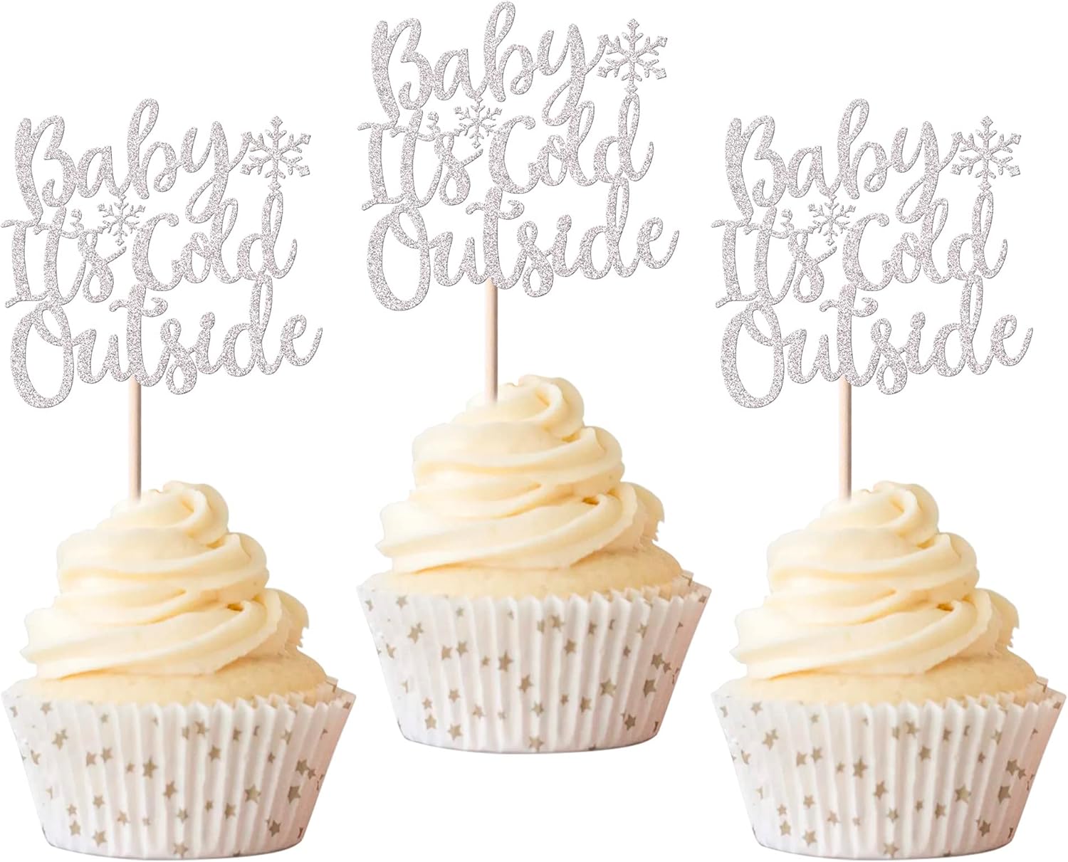 Rsstarxi 36 Pack snowflake Cupcake Toppers Winter Snowflake Baby It's Cold Outside Cupcake Picks Baby Shower Cake Decorations for Winter Frozen Snowflake Baby Shower Christmas Birthday Party Silver