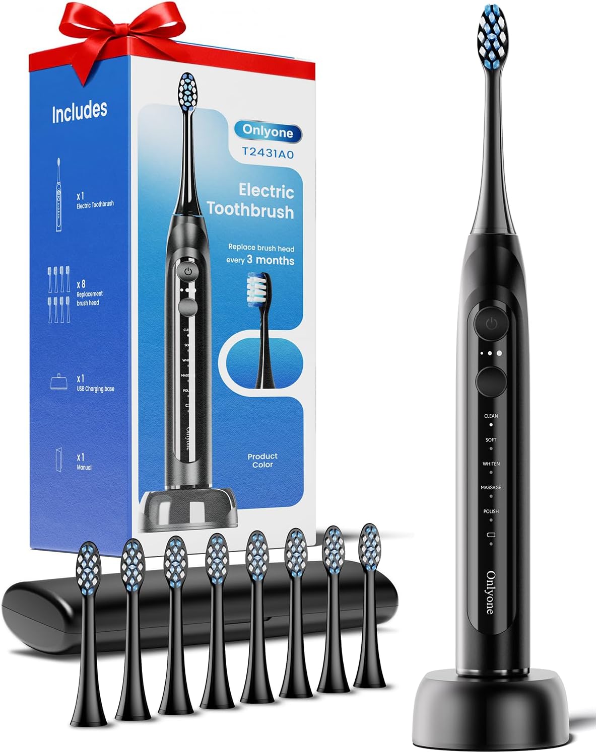 Onlyone Ultrasonic Electric Toothbrush for Adults, Rechargeable Electric Toothbrush Toothbrush with 8 Brush Heads, Travel Case, Charging Base & Wireless Charging - 5 Modes with Smart Timer