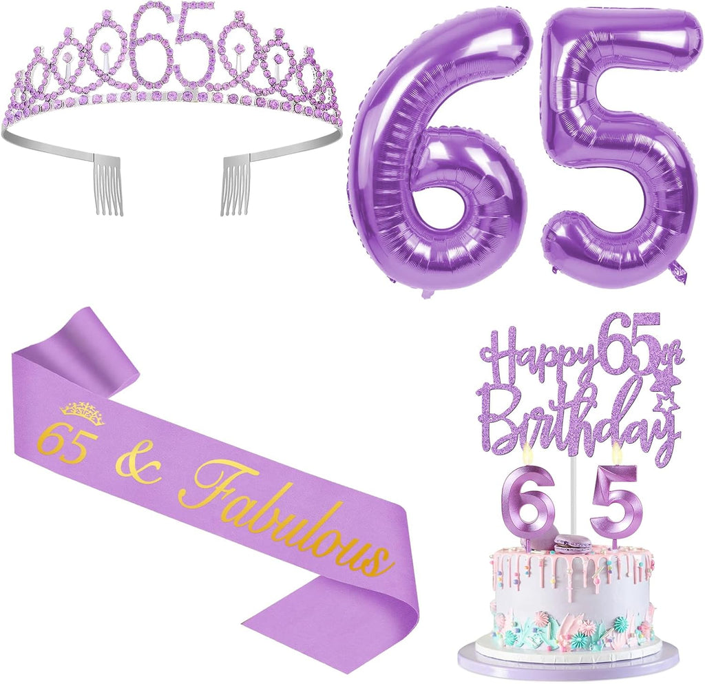 65th Birthday Decorations for Women Purple with 65th Birthday Sash and Crown, Cake Topper and Candles, Number Balloons, 65 Year Old Gifts for Women