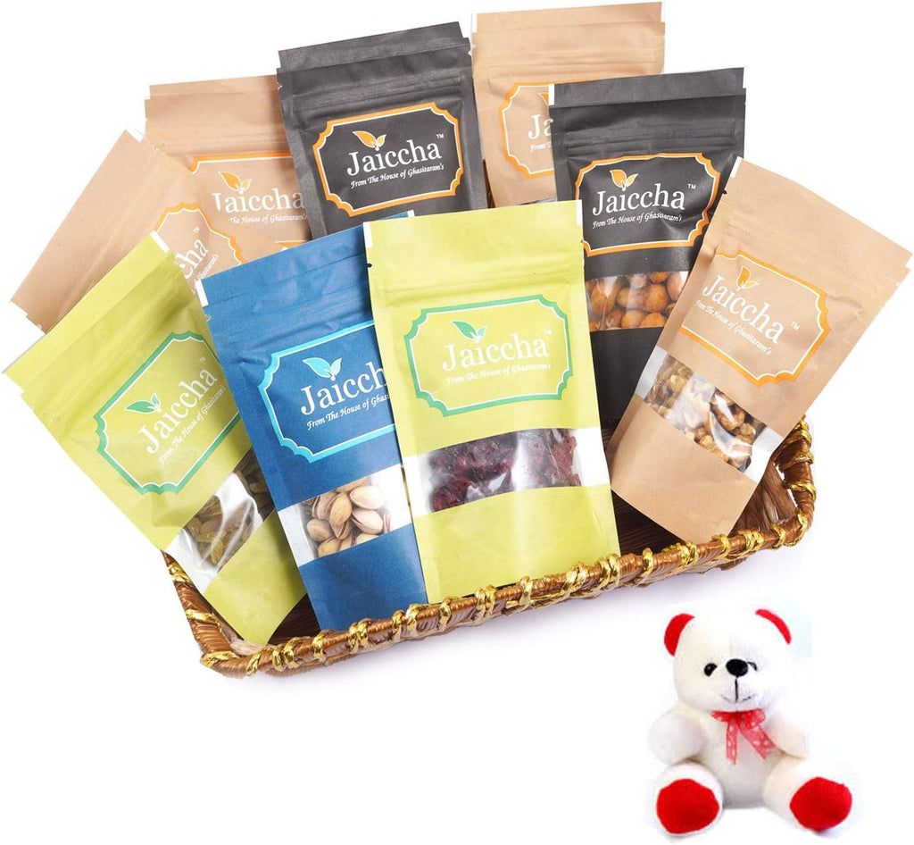 Jaiccha Ghasitaram Basket Hamper of 9 Heavenly Dryfruits with Teddy |Gift for Diwali,Holi,Rakhi,Valentine,Christmas,Birthday,Anniversary,Her,Him|