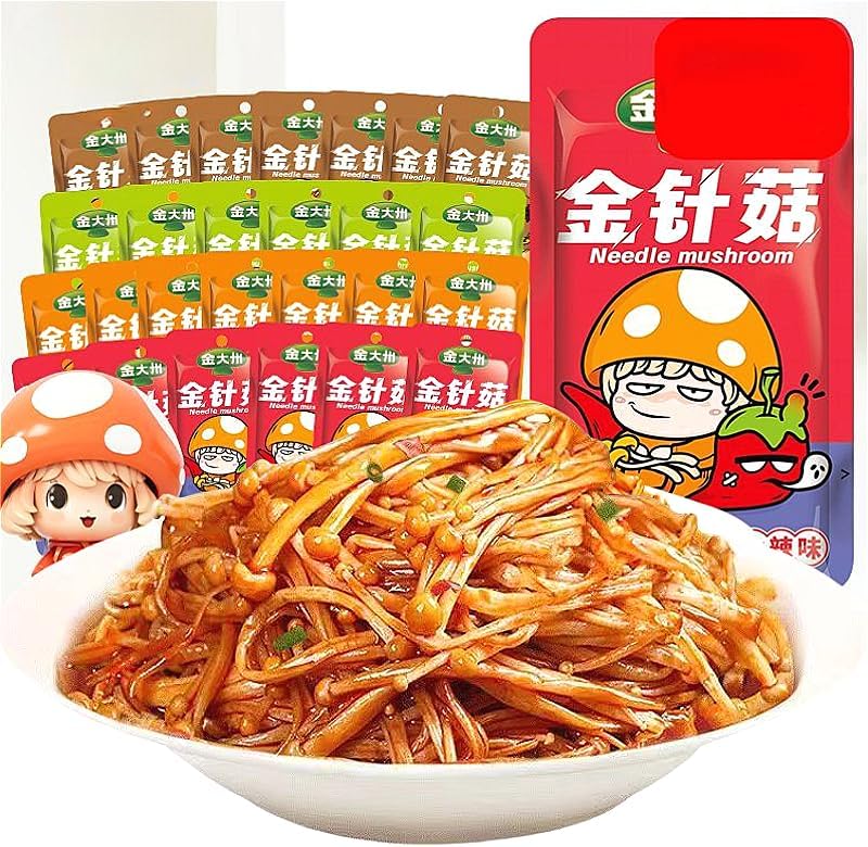 4 flavors Fresh spicy golden enoki mushroom（5/10/20/30packs） spicy strips,Latiao delicious snacks gift,Chinese specialty food,side dishes,seasoned dishes,healthy instant pickles (30 packs)