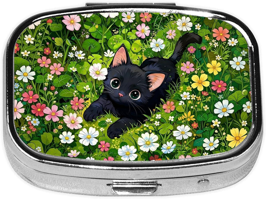 Garden Cat Pill Box 2 Compartment Small Pill Case,Portable for Pocket or Purse Pill Organizer Pill Container Holder with Mirror to Hold Vitamins, Medication, Fish Oil and Supplements