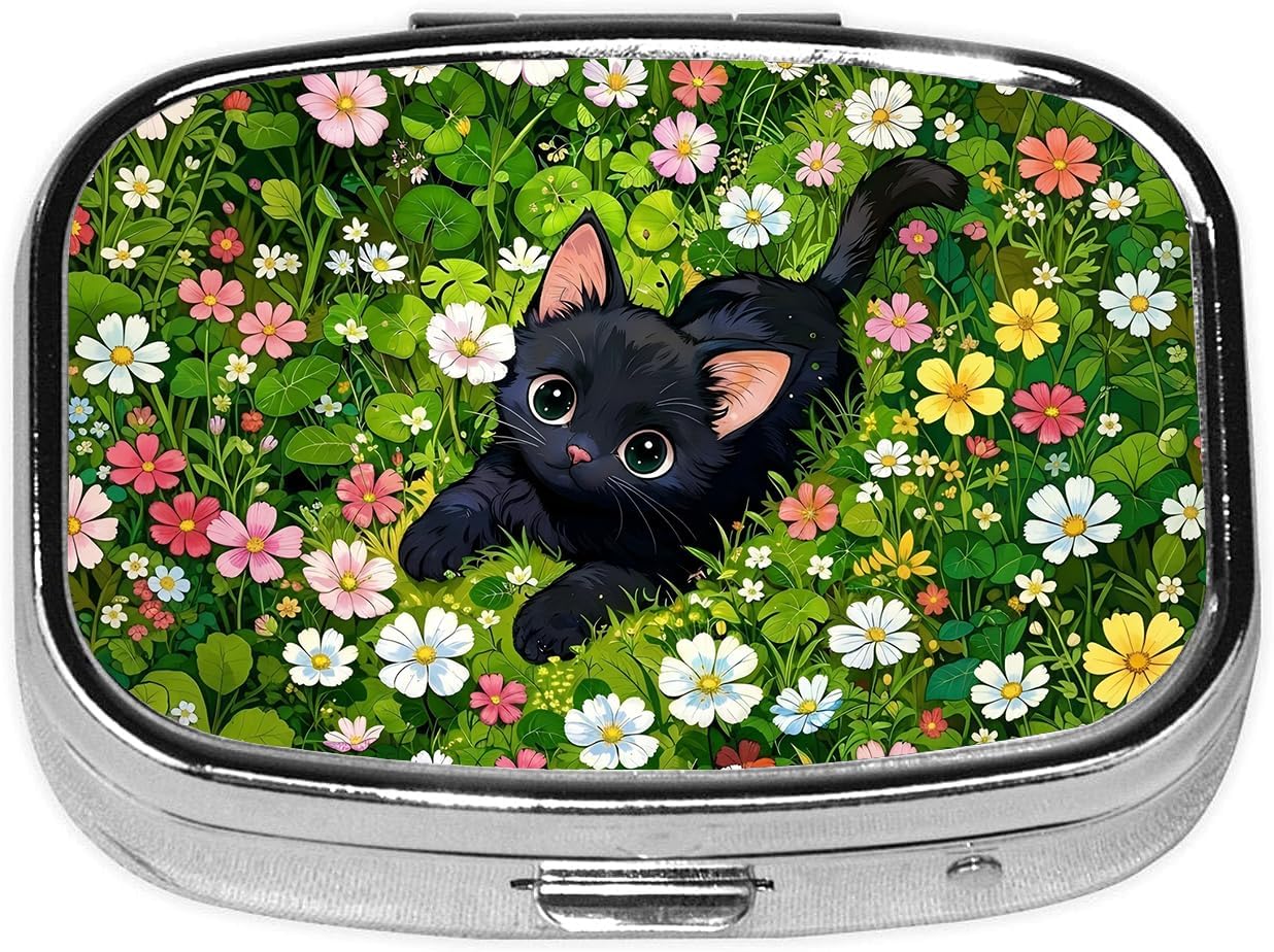 Garden Cat Pill Box 2 Compartment Small Pill Case,Portable for Pocket or Purse Pill Organizer Pill Container Holder with Mirror to Hold Vitamins, Medication, Fish Oil and Supplements