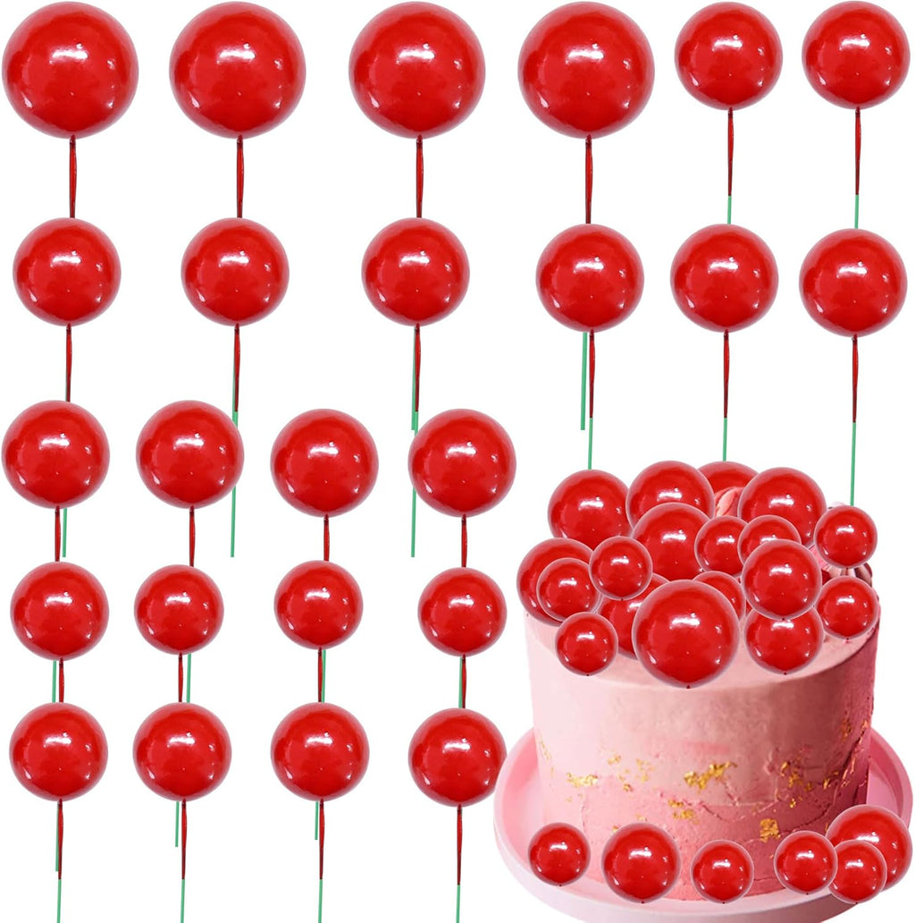 Gyufise 30Pcs Mini Balloon Cake Topper Foam Ball Cake Picks Cupcake Faux Pearl Balls DIY Cake Insert Topper Decoration for Anniversary Graduation Birthday Party Baby Shower Red