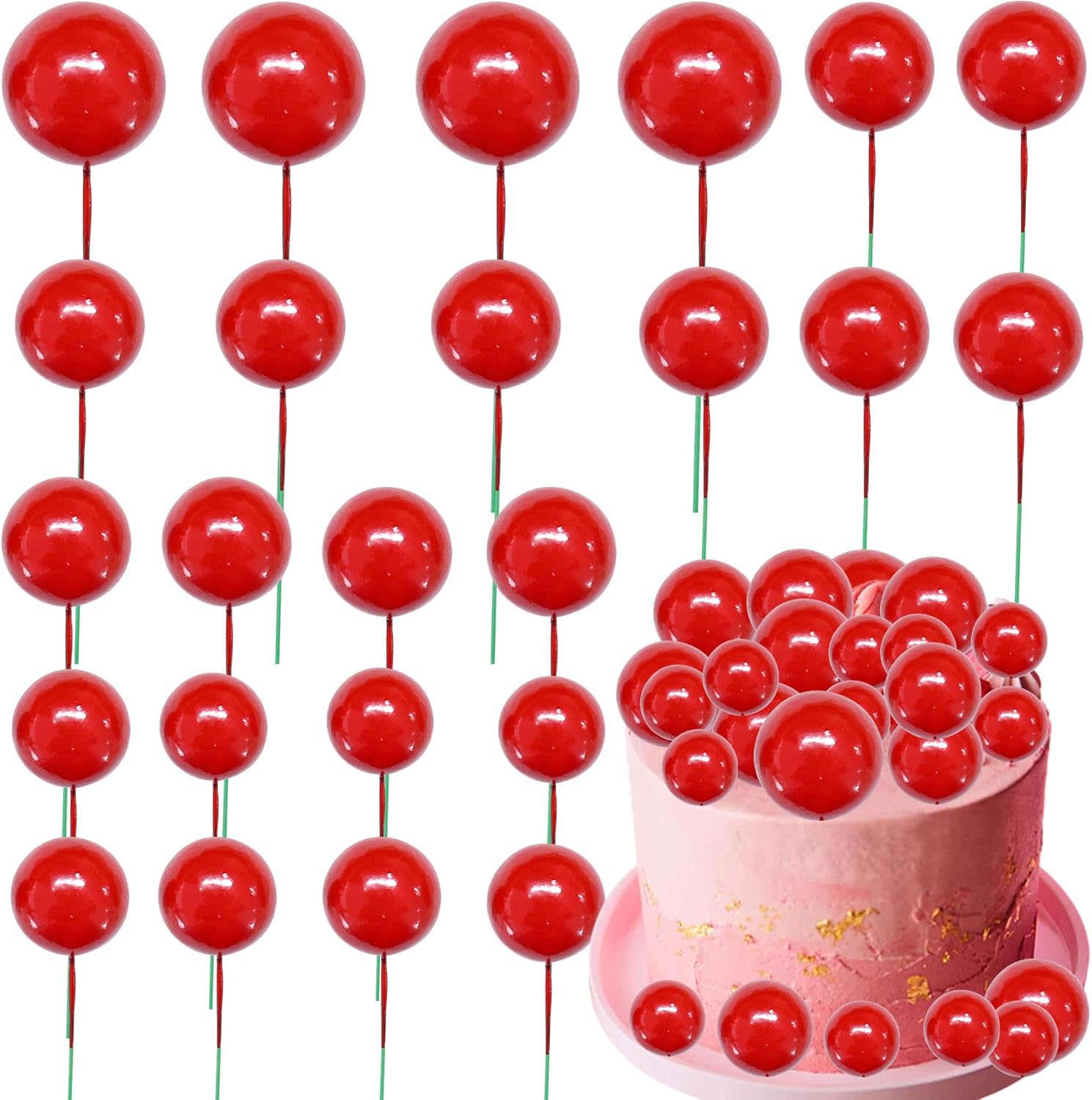 Gyufise 30Pcs Mini Balloon Cake Topper Foam Ball Cake Picks Cupcake Faux Pearl Balls DIY Cake Insert Topper Decoration for Anniversary Graduation Birthday Party Baby Shower Red
