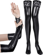 Bencailor Women's Wet Look Costume Set Include Fingerless Long Gloves Thigh High Stockings with Lace for Cosplay