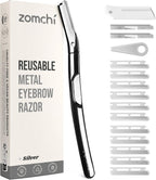 ZOMCHI Eyebrow Razor and Face Razor for Women and Men, Reusable Metal Handle with 11 Refill Blades, Dermaplane Razor with Protective Silicone Cap, Eyebrow Hair Trimmer - Polished Silver