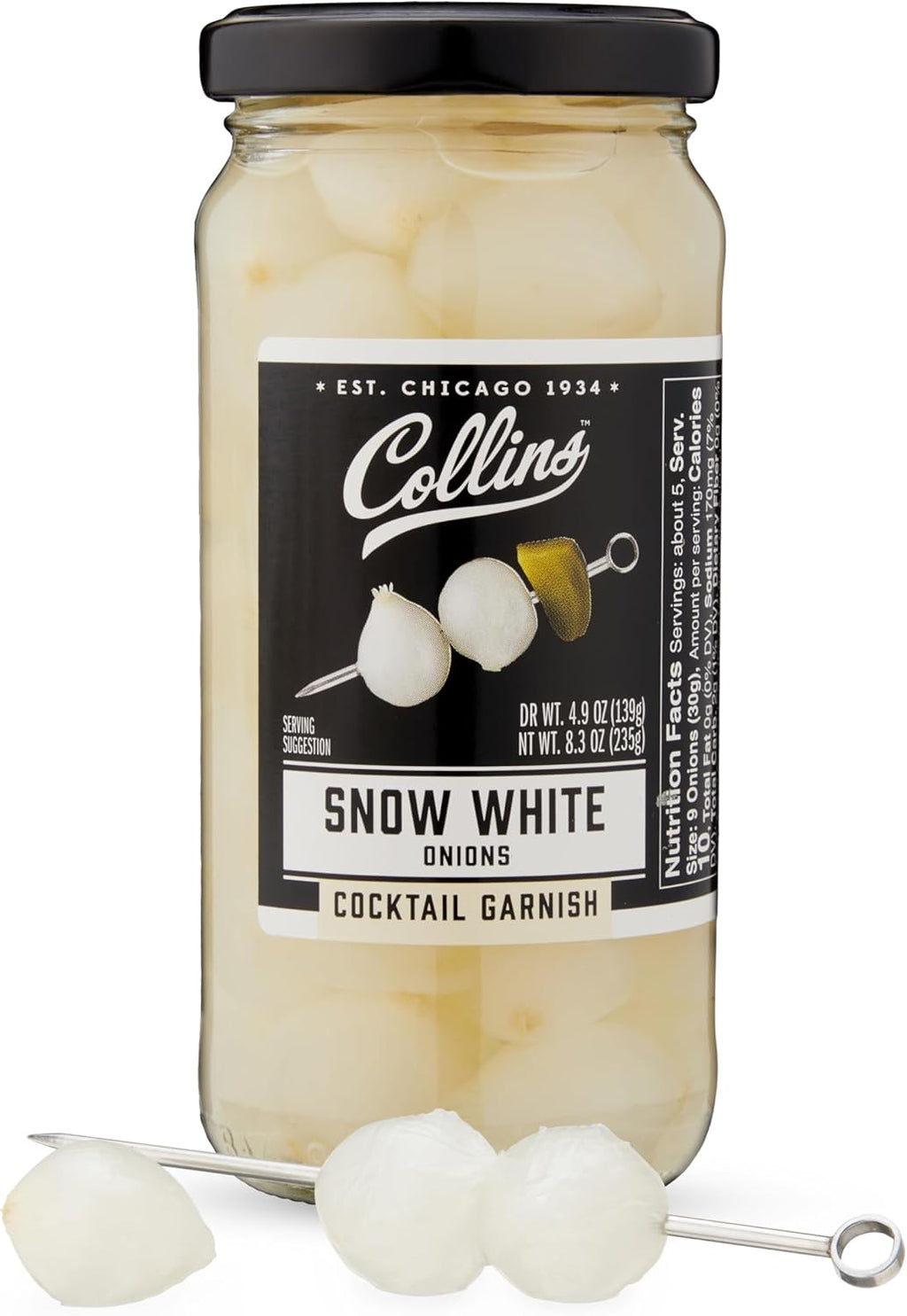 Collins Gourmet Snow White Cocktail Onion, Pickled Onion Jar for Cocktails, Bloody Mary Ingredients, Meat and Cheese Trays and Snacks, Pickled Onions, Charcuterie Board Toppers, 8.3 oz