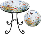 Outdoor Side Table, Flower & Butterfly Round Accent Table, Metal Indoor Small End Tables, 18" Plant Stand Tables for Patio Balcony Garden Bedside