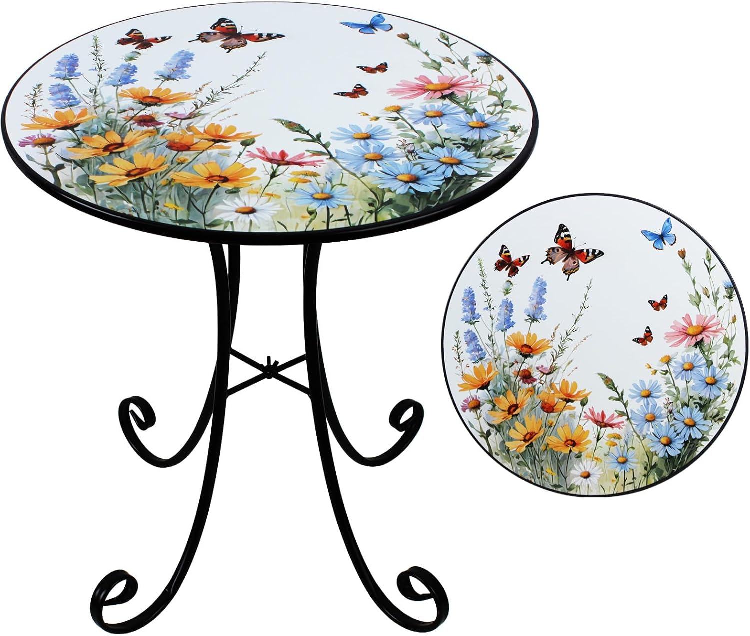 Outdoor Side Table, Flower & Butterfly Round Accent Table, Metal Indoor Small End Tables, 18" Plant Stand Tables for Patio Balcony Garden Bedside