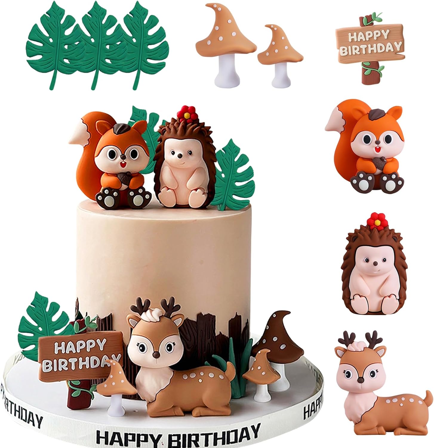 Woodland Cake Toppers Forest Animal Cake Decorations with Squirrel Hedgehog Deer Mushroom for Baby Shower Birthday Party Decorations