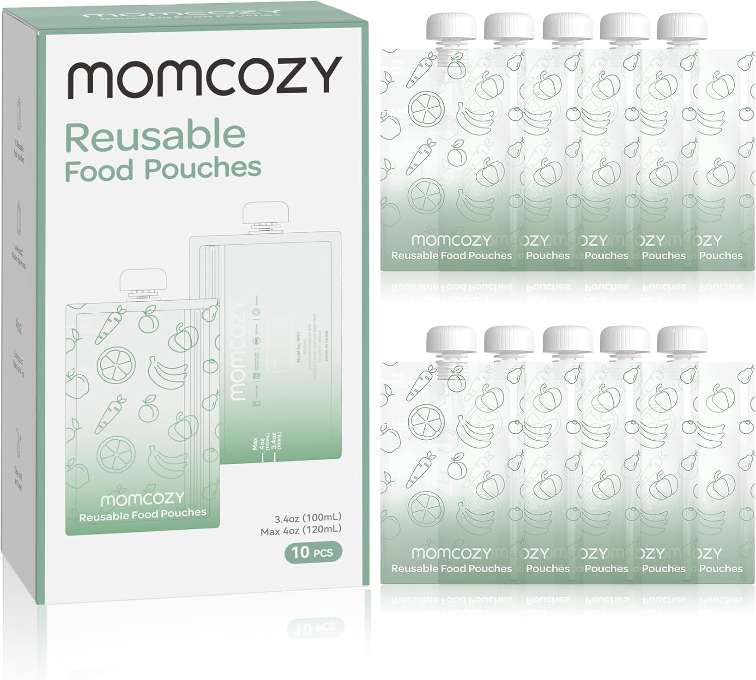 Momcozy Reusable Baby Food Pouches for Toddlers,BPA Free Plastic,Food Safe,Freezer Safe,Refillable for Applesauce Yogurt & Puree Squeeze Pouch,10 packs,3.4-4oz