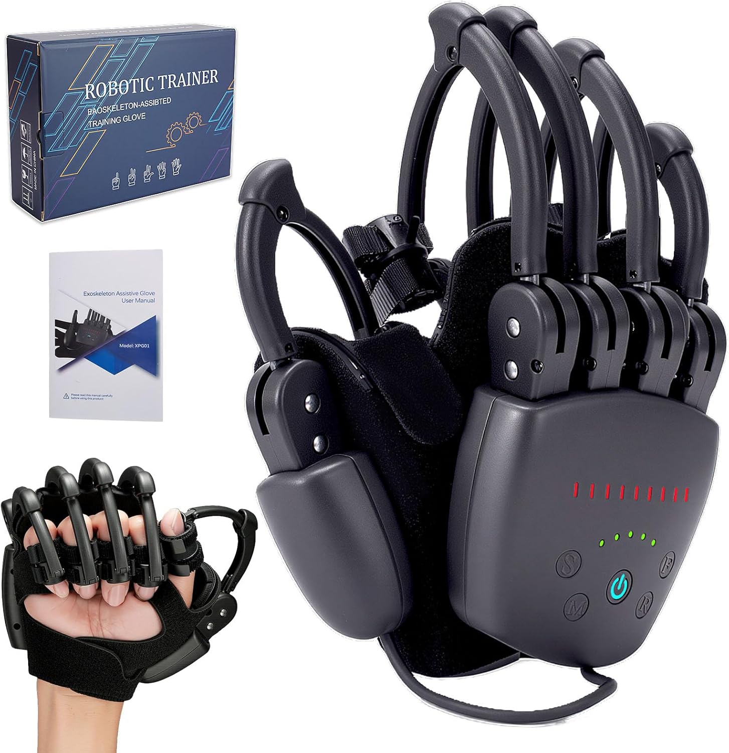 Upgrade Rehabilitation Robot Gloves for Stroke Hemiplegia Recovery, Portable Robotic Hand Glove for Stroke Rehab, Adjustable Strength, 4 Mode (Plug-in Style Without Mirror Training, Right Hand-L)
