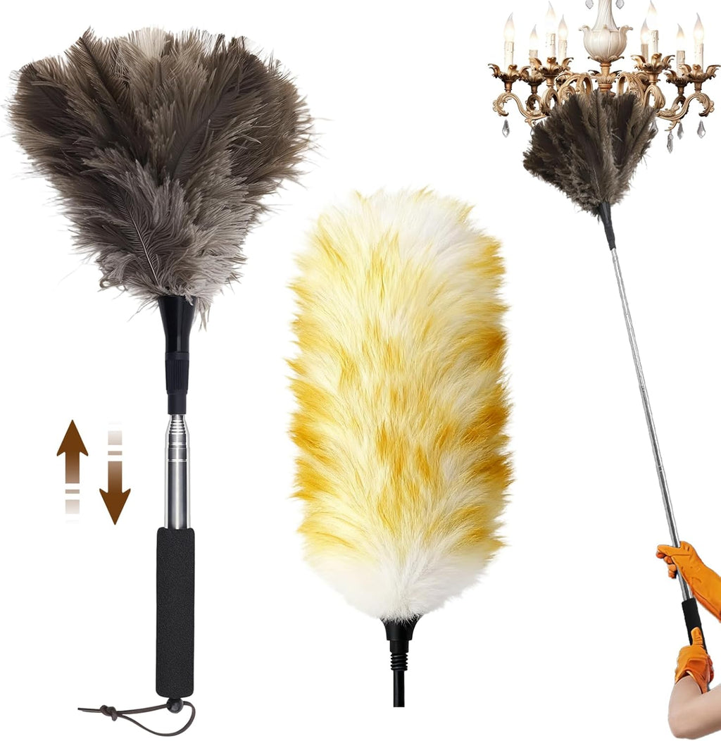 Extendable Ostrich Feather Duster with Bonus Wool Feather Duster Head - Natural Fluffy Non-Slip Handle Feathers Dusters for Cleaning Ceiling Fans, Blinds, Roof Dusting, High Surfaces (18-48 in)