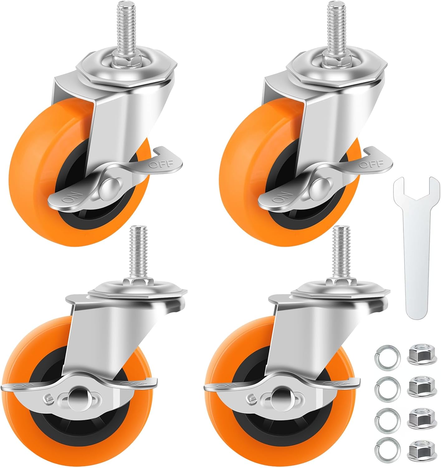 Caster Wheels, 3 Inch Casters Set of 4, Threaded Stem 3/8"-16 x 1 (Screw Diameter 3/8", Length 1") Polyurethane Locking Swivel Castors,Heavy Duty Caster with Brake Wheels for Furniture and Workbench