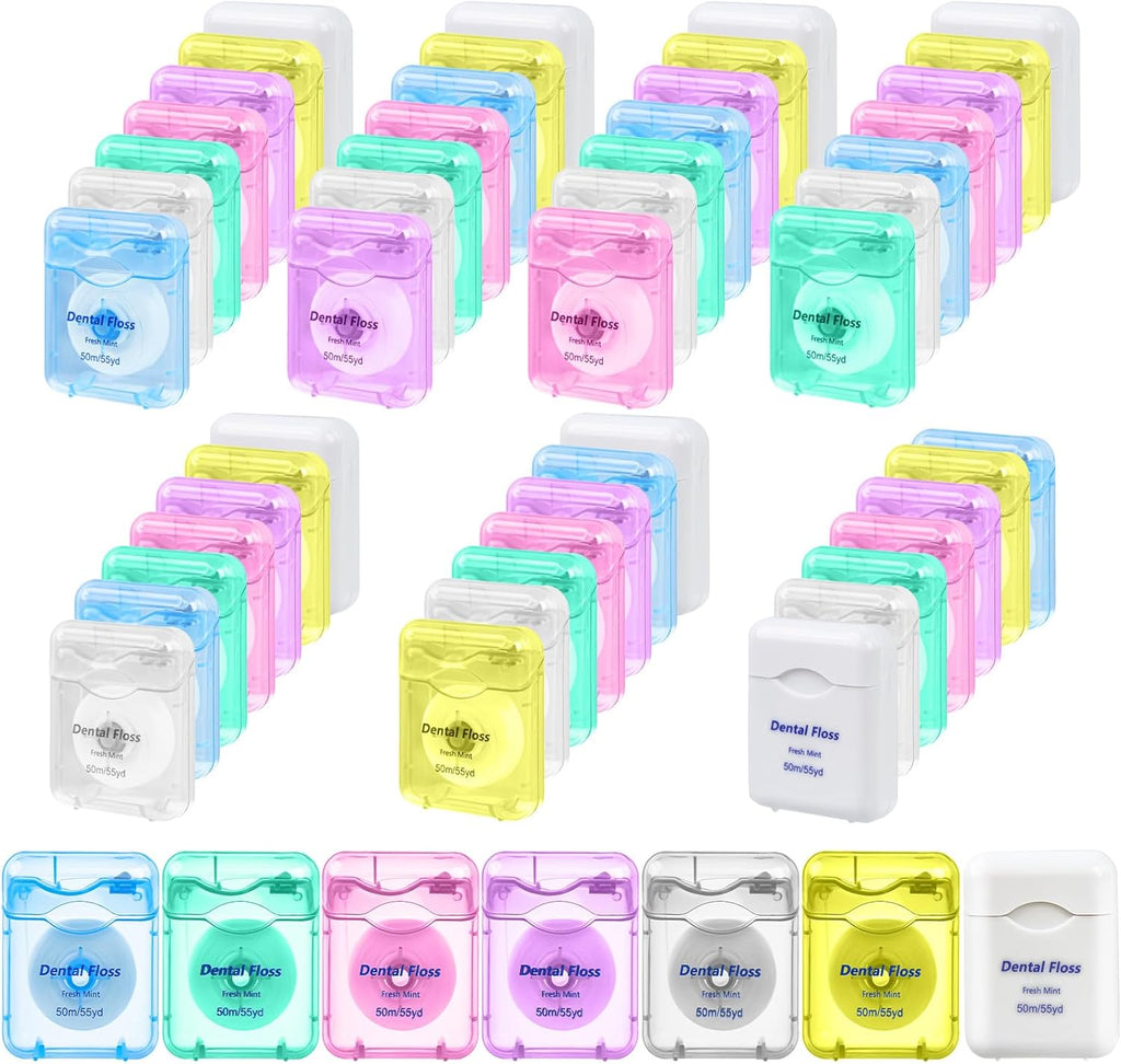 Dental Floss Bulk Travel,50m/55yd Floss in Bulk Mint Flavored Travel Dental Floss Waxed Oral Care for Adults Homeless Teeth Giveaways Kids Patients (7 Colors,Pack of 14)