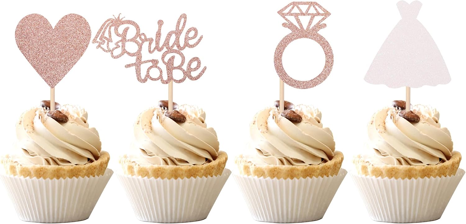 24 PCS Bride to Be Cupcake Toppers with Heart Ring Dress Bridal Shower Cupcake Picks Wedding Engagement Bachelorette Party Cake Decorations Supplies