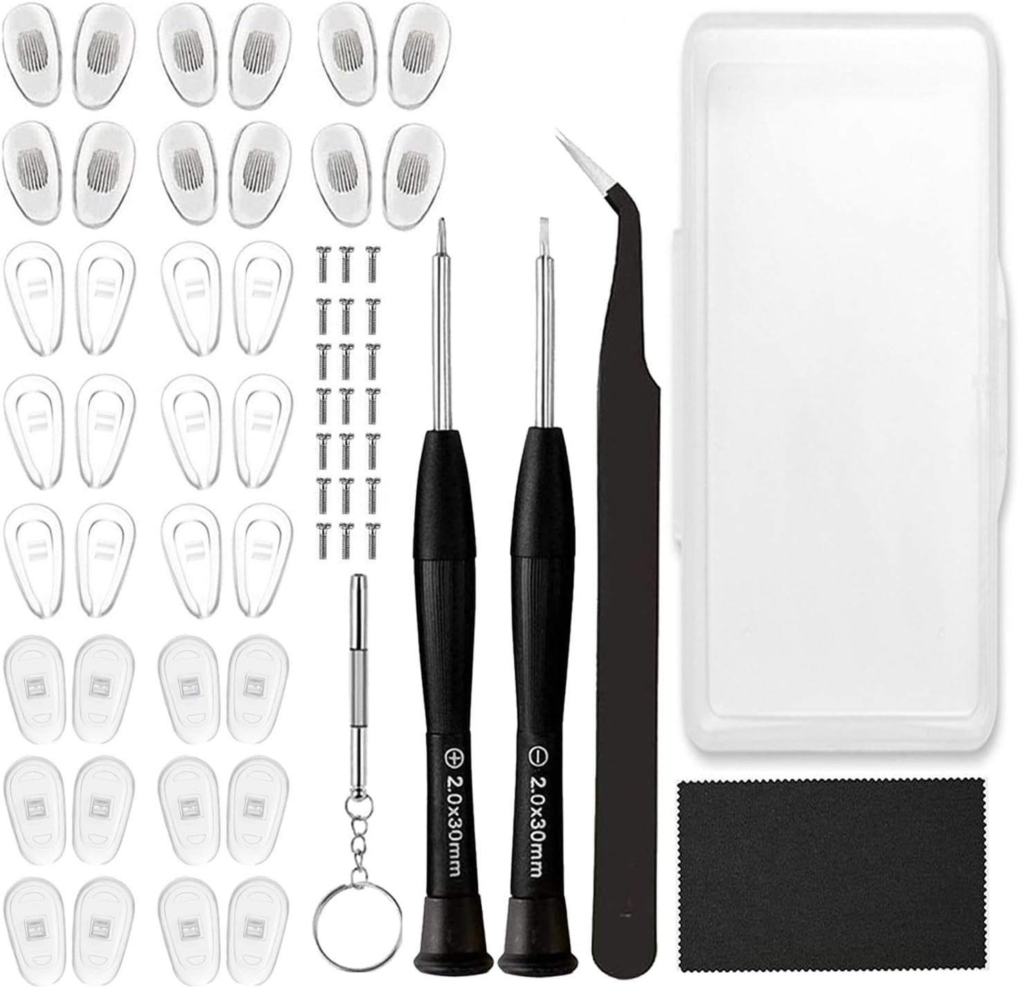 18 Pairs Eyeglass Nose Pads, Eyeglasses Repair Kit with Screwdrivers, Nose Pads, Screws, Tweezer, Cleaning Cloth for Glasses, Glasses and Sunglass Nose Pad Replacement