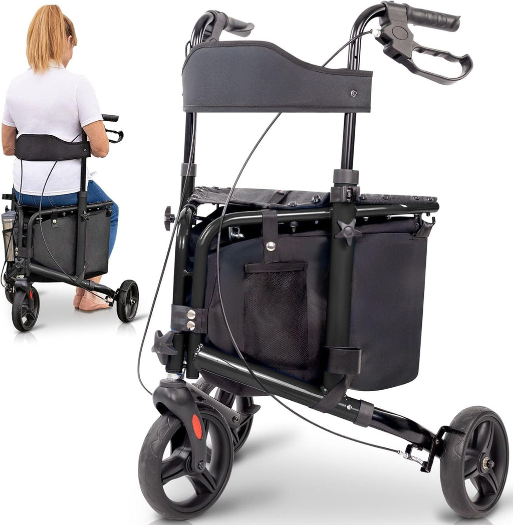 Vive 3 Wheel Walker with Seat - Tri Rollator Walker for Seniors and Adults - Lightweight and Foldable, with Seat, Brakes and Wheels - Narrow for Tight Spaces and Small Doorways - All Terrain