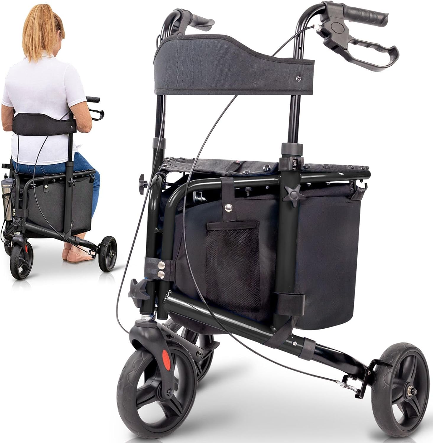 Vive 3 Wheel Walker with Seat - Tri Rollator Walker for Seniors and Adults - Lightweight and Foldable, with Seat, Brakes and Wheels - Narrow for Tight Spaces and Small Doorways - All Terrain