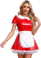 Women's French Maid Cosplay Outfits Shiny PVC Leather Latex Tutu Dress with Apron Clubwear