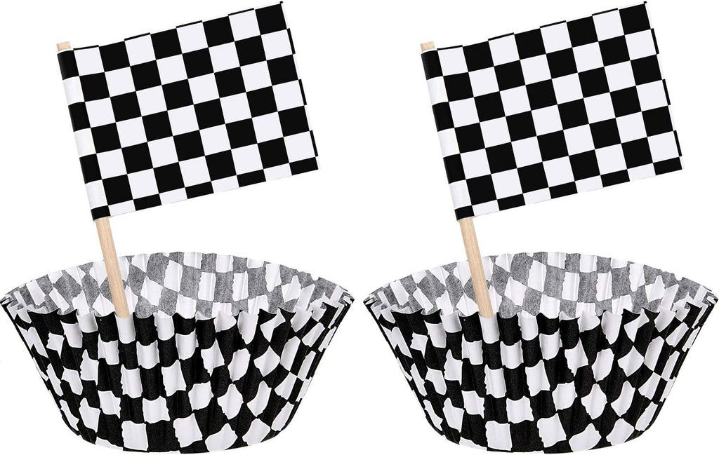 TecUnite 100 Pcs Race Car Checkered Flag Cupcake Wrappers Liners and 100 Pcs Cupcake Toppers Race Car Party Cake Decoration for Racing Checkered Theme Birthday Party (Black and White)