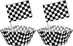 TecUnite 100 Pcs Race Car Checkered Flag Cupcake Wrappers Liners and 100 Pcs Cupcake Toppers Race Car Party Cake Decoration for Racing Checkered Theme Birthday Party (Black and White)