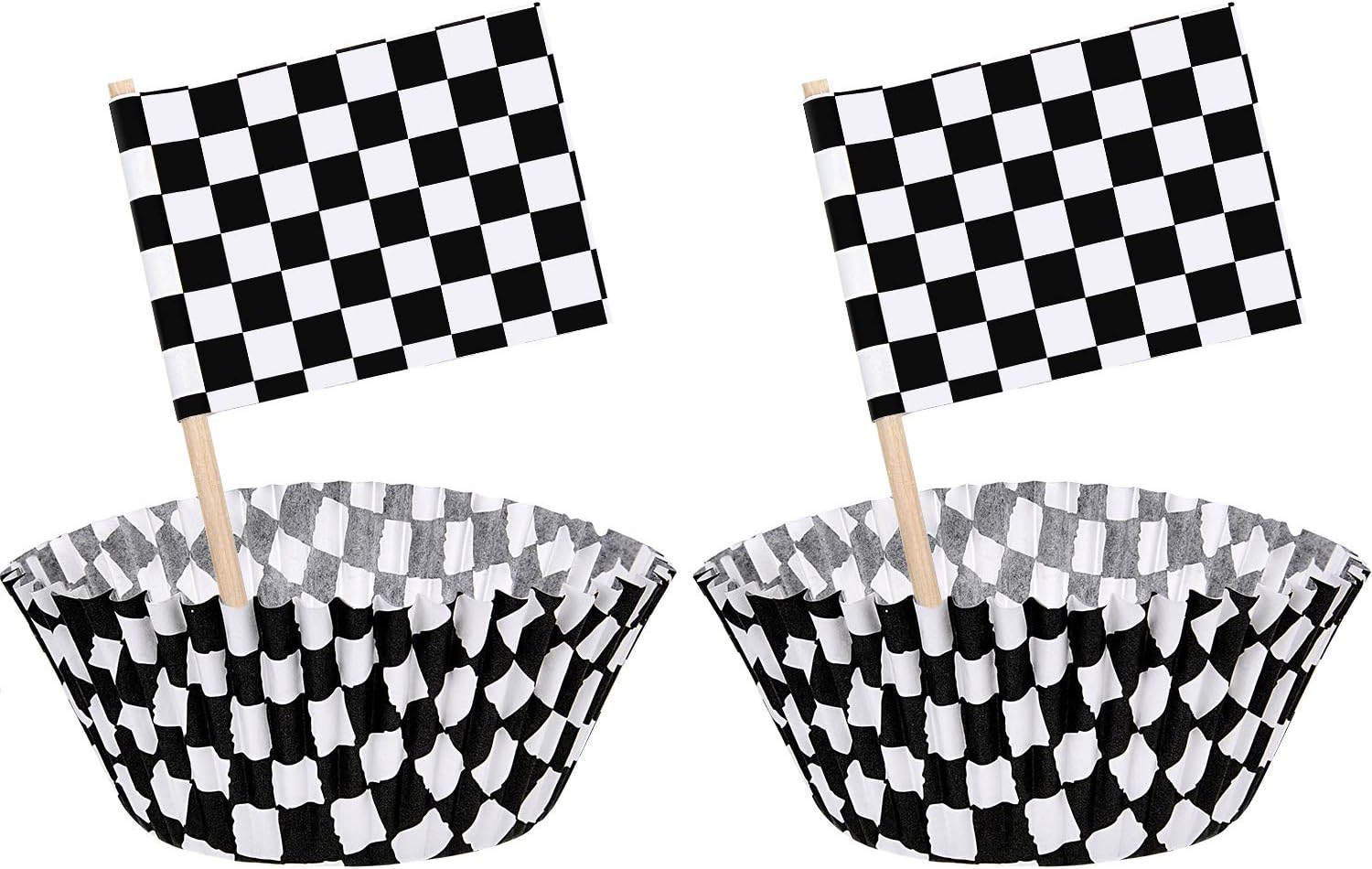 TecUnite 100 Pcs Race Car Checkered Flag Cupcake Wrappers Liners and 100 Pcs Cupcake Toppers Race Car Party Cake Decoration for Racing Checkered Theme Birthday Party (Black and White)