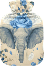 Blue Rose-Winged Elephant Water Bottle for hot Water with Soft Cover, 2L Warm Compress for Hot and Cold Therapies