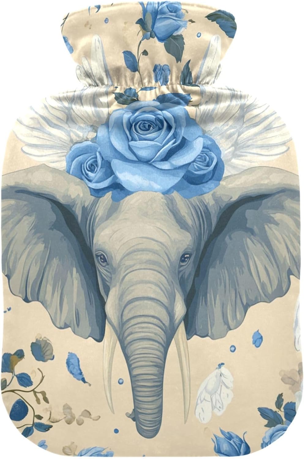 Blue Rose-Winged Elephant Water Bottle for hot Water with Soft Cover, 2L Warm Compress for Hot and Cold Therapies