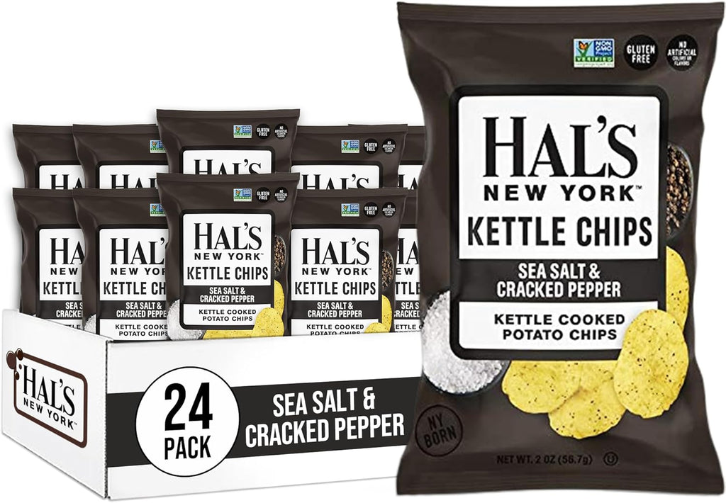 Hal's New York Kettle Cooked Potato Chips, Sea Salt & Cracked Pepper, 2 Oz (Pack of 24)