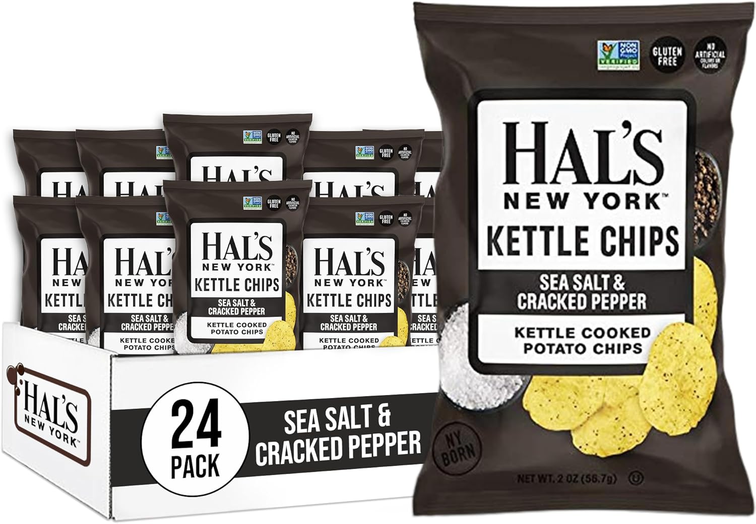 Hal's New York Kettle Cooked Potato Chips, Sea Salt & Cracked Pepper, 2 Oz (Pack of 24)