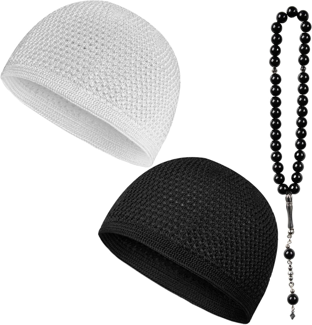 Kufi Hats for Men Crochet Taqiyah Breathable Stretch Skull Cap – 2 Pack Black & White Islamic Prayer Caps with 33 Beads Tasbih – Soft Cotton Beanie for Daily Salah & Worship