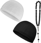 Kufi Hats for Men Crochet Taqiyah Breathable Stretch Skull Cap – 2 Pack Black & White Islamic Prayer Caps with 33 Beads Tasbih – Soft Cotton Beanie for Daily Salah & Worship