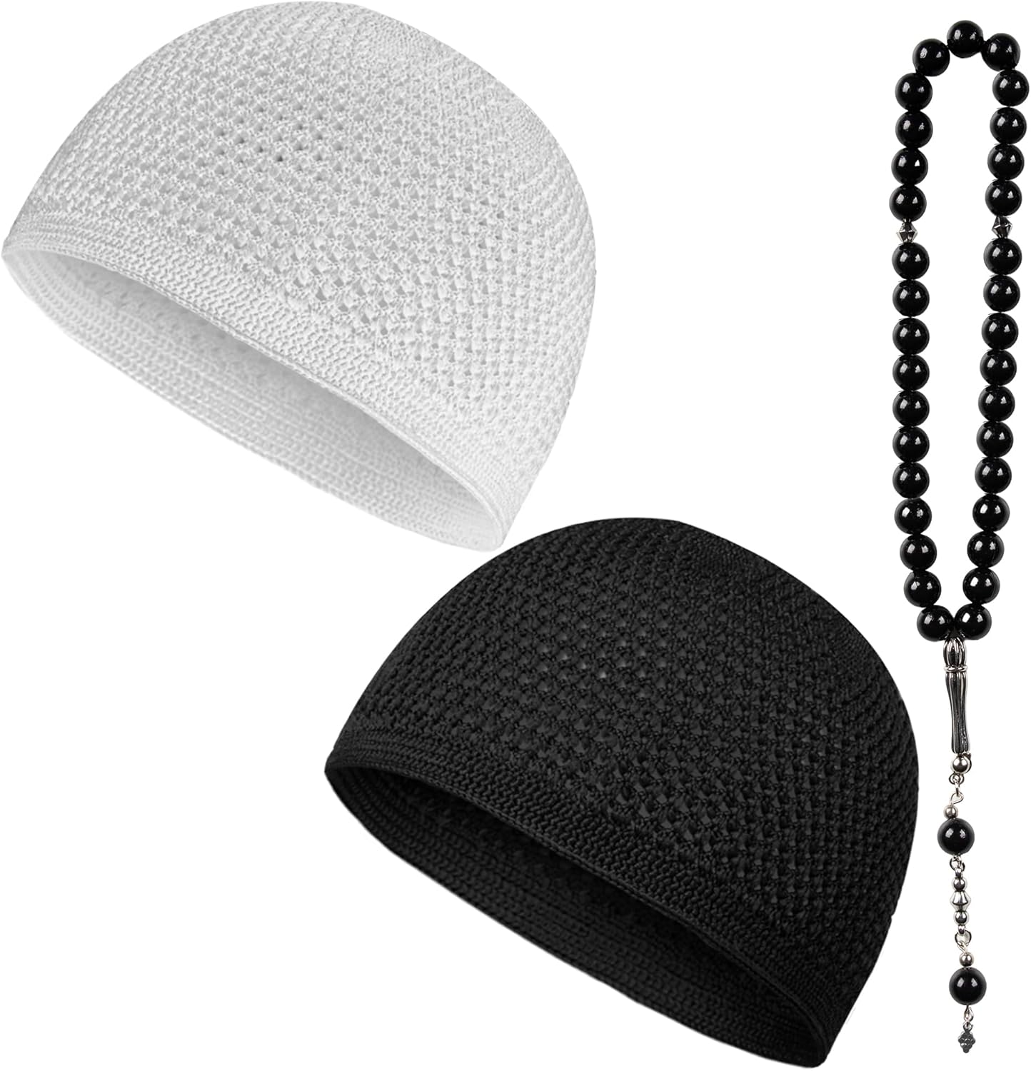 Kufi Hats for Men Crochet Taqiyah Breathable Stretch Skull Cap – 2 Pack Black & White Islamic Prayer Caps with 33 Beads Tasbih – Soft Cotton Beanie for Daily Salah & Worship