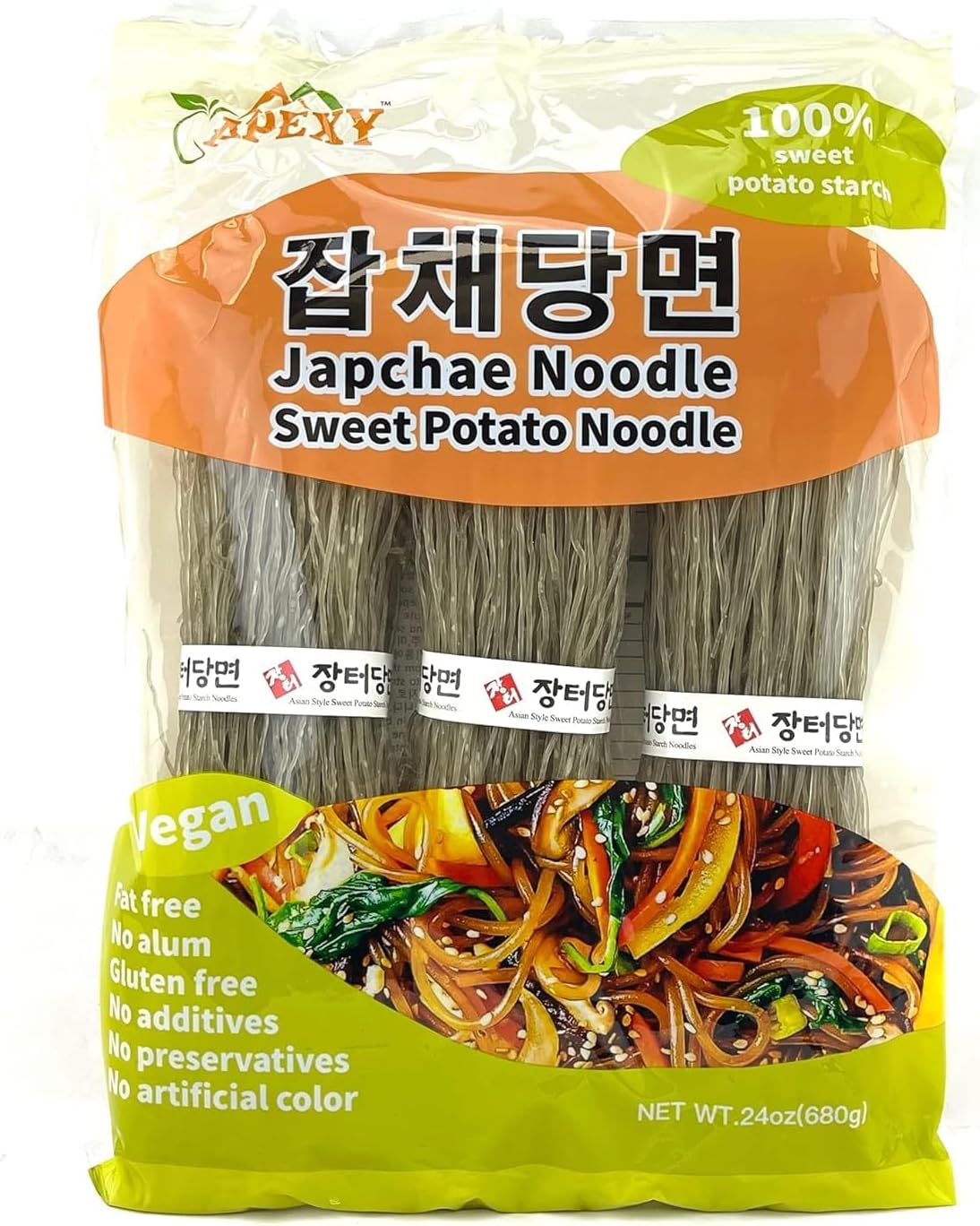 APEXY Sweet Potato Glass Noodles, Japchae Noodles, Korean Vermicelli Pasta, Fat-free and Gluten-free, 100% Sweet Potato Starch, No Additive, No Alum inside, 24oz (680g)