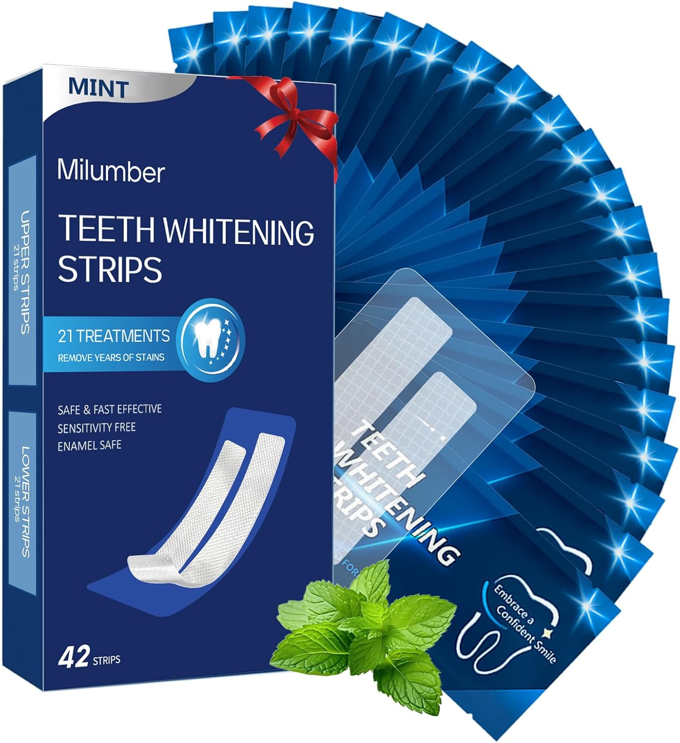 Milumber Teeth Whitening Strips for Sensitive, 42 Strips Whitener Safe Whitestrip, Deep Stains Removal Tooth Whitening, Enamel Safe Non-Slip Dry Strip Technology for Whiter Teeth, Mint