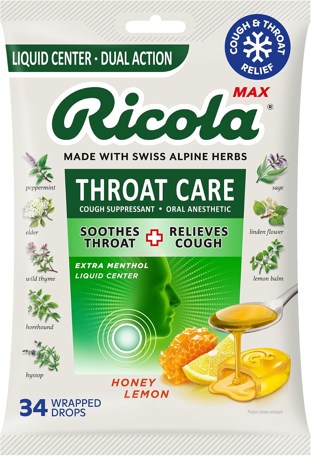 Ricola, Throat Care Max Honey Lemon, 34 Count