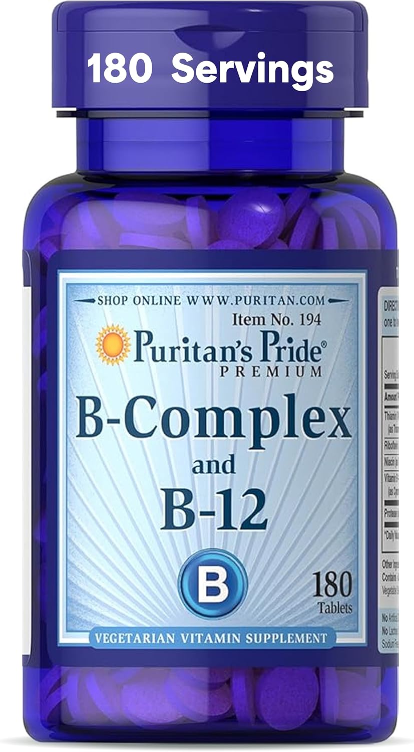 Puritan's Pride Premium Vitamin B-Complex and Vitamin B-12, Vegetarian Dietary Supplement for Cellular Energy Production, Maintains Health of Skin and Nerve Support, 180 Tablets