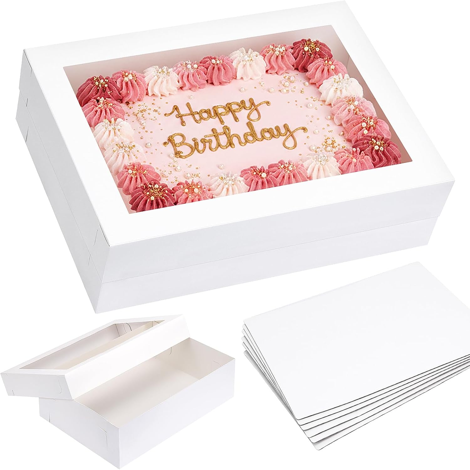 Moretoes 10pcs 14x10x4in Sheet Cake Boxes with Cake Board, White Rectangle Bakery Boxes with Window, for Quarter Sheet Cakes, Donuts, Cupcakes, Brownie&Pie