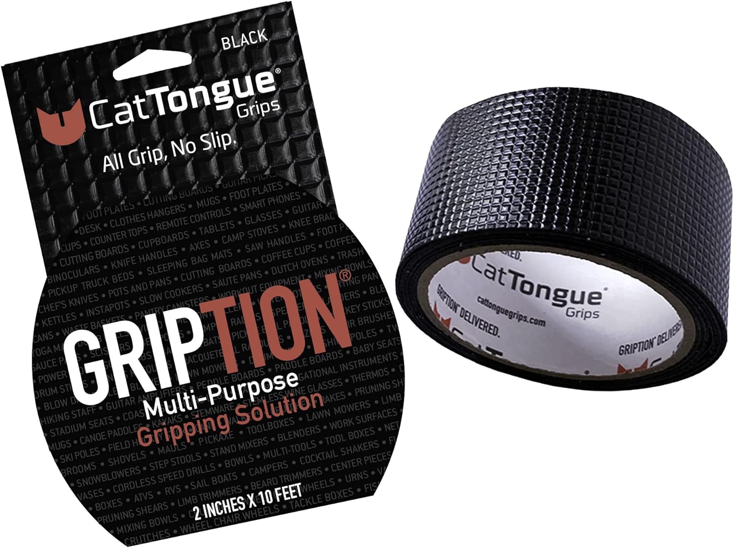 CATTONGUE GRIPS Non-Abrasive Grip Tape Wrap - 2” Thick Heavy-Duty, Waterproof Anti-Slip Tape for Wrapping Tools, Bats, Gym Equipment - Indoor & Outdoor Anti-Slip Solution (Black, 10ft)