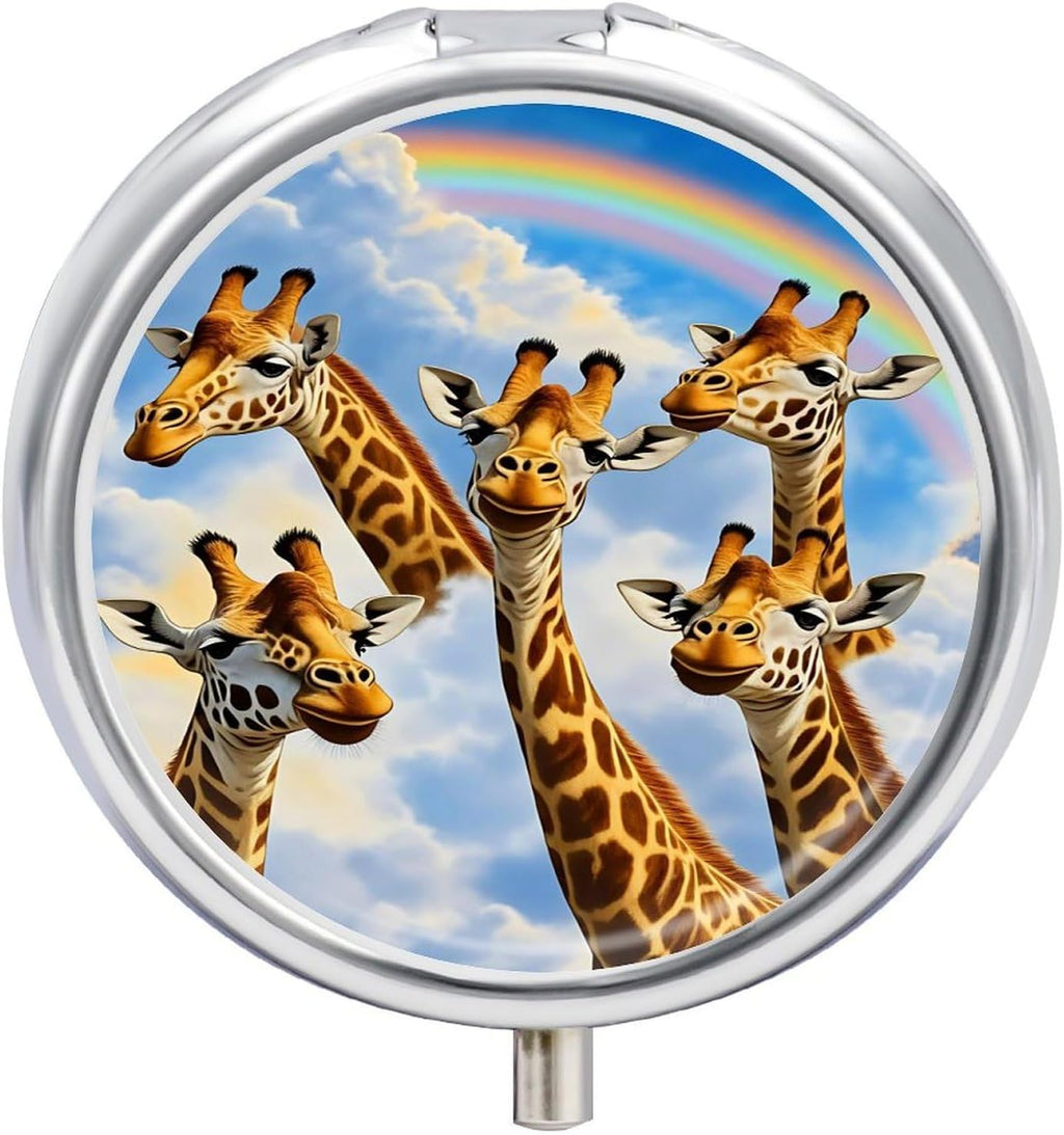 Giraffe Rainbow Pattern Pill Box, Small Pill Organizer with 3 Compartments and Mirror, Fun Round Portable Travel Metal Pill Case